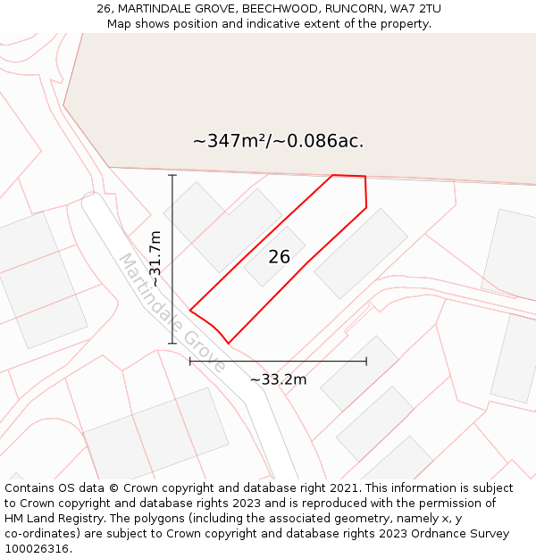 26, MARTINDALE GROVE, BEECHWOOD, RUNCORN, WA7 2TU: Plot and title map