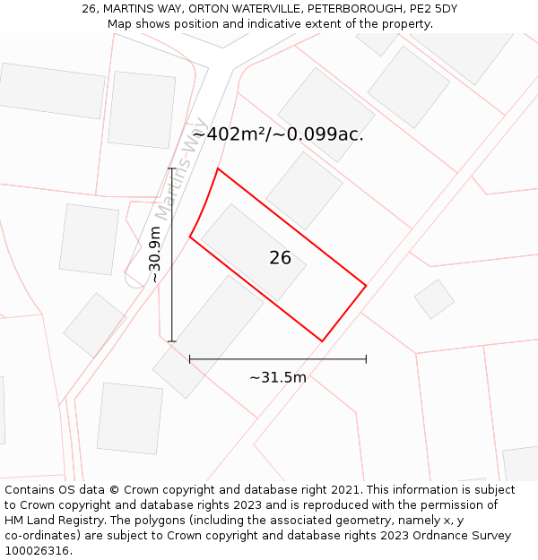 26, MARTINS WAY, ORTON WATERVILLE, PETERBOROUGH, PE2 5DY: Plot and title map