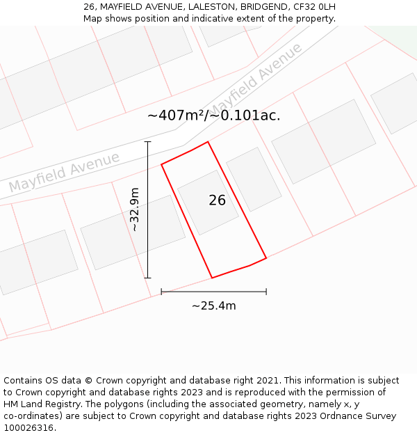 26, MAYFIELD AVENUE, LALESTON, BRIDGEND, CF32 0LH: Plot and title map