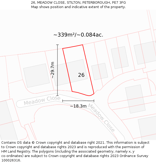 26, MEADOW CLOSE, STILTON, PETERBOROUGH, PE7 3FG: Plot and title map