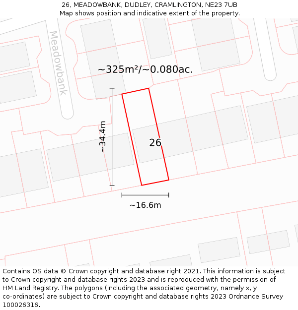 26, MEADOWBANK, DUDLEY, CRAMLINGTON, NE23 7UB: Plot and title map