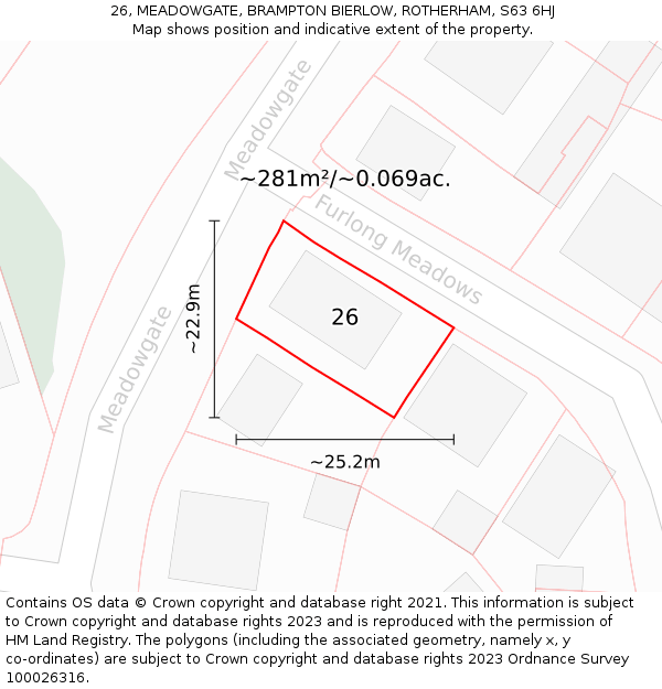 26, MEADOWGATE, BRAMPTON BIERLOW, ROTHERHAM, S63 6HJ: Plot and title map