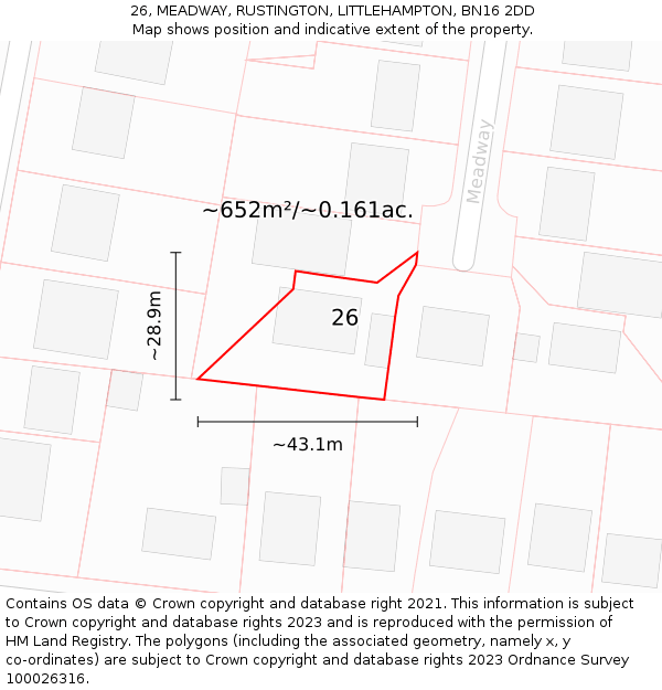 26, MEADWAY, RUSTINGTON, LITTLEHAMPTON, BN16 2DD: Plot and title map