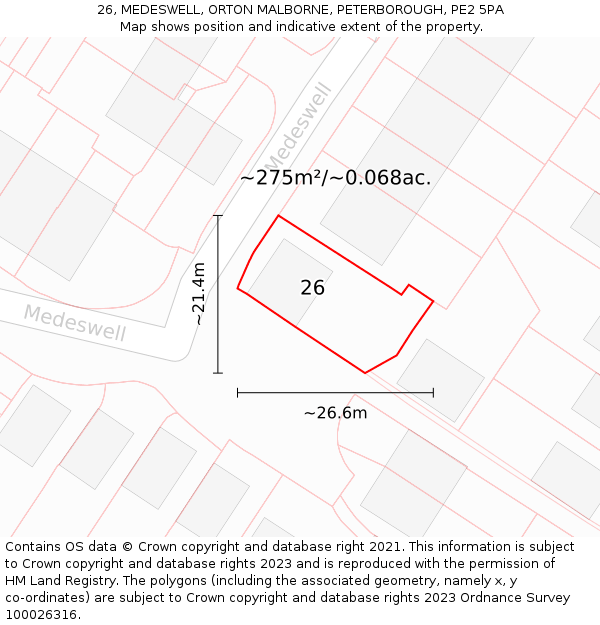 26, MEDESWELL, ORTON MALBORNE, PETERBOROUGH, PE2 5PA: Plot and title map