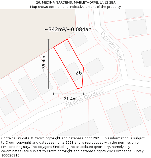 26, MEDINA GARDENS, MABLETHORPE, LN12 2EA: Plot and title map