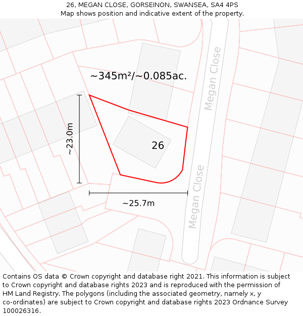 26, MEGAN CLOSE, GORSEINON, SWANSEA, SA4 4PS: Plot and title map