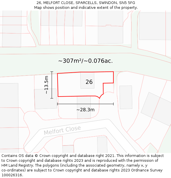 26, MELFORT CLOSE, SPARCELLS, SWINDON, SN5 5FG: Plot and title map