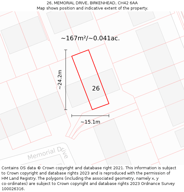 26, MEMORIAL DRIVE, BIRKENHEAD, CH42 6AA: Plot and title map