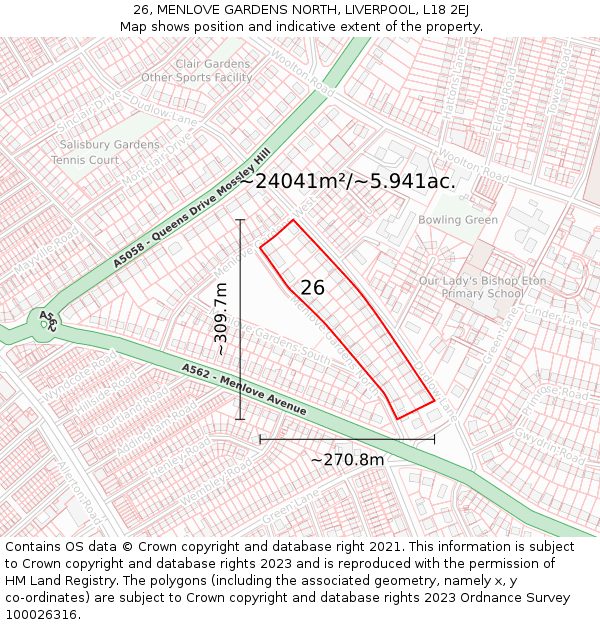26, MENLOVE GARDENS NORTH, LIVERPOOL, L18 2EJ: Plot and title map