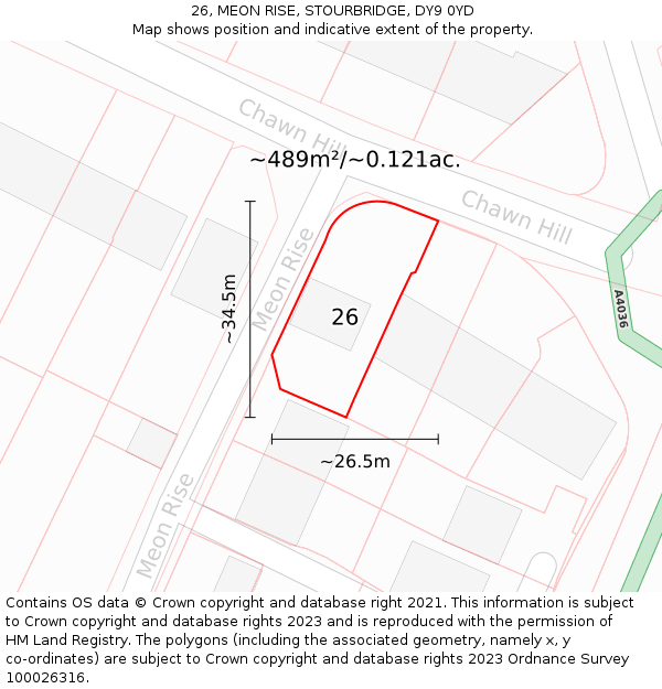 26, MEON RISE, STOURBRIDGE, DY9 0YD: Plot and title map
