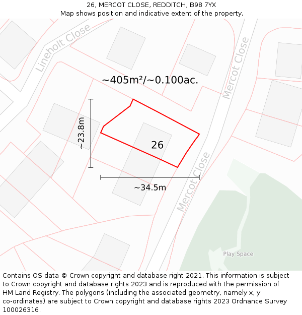 26, MERCOT CLOSE, REDDITCH, B98 7YX: Plot and title map