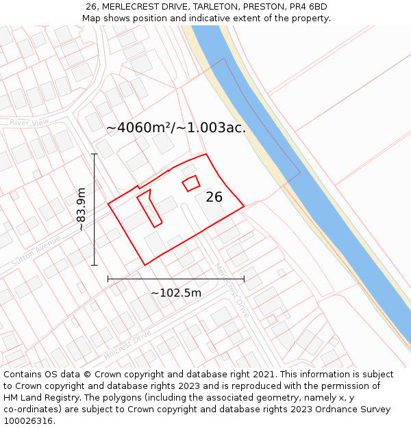 26, MERLECREST DRIVE, TARLETON, PRESTON, PR4 6BD: Plot and title map