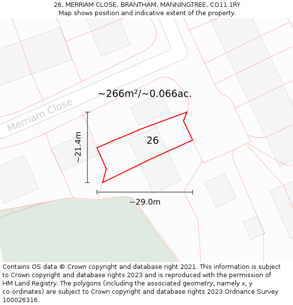 26, MERRIAM CLOSE, BRANTHAM, MANNINGTREE, CO11 1RY: Plot and title map