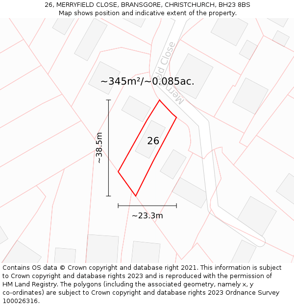 26, MERRYFIELD CLOSE, BRANSGORE, CHRISTCHURCH, BH23 8BS: Plot and title map