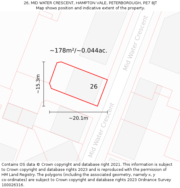 26, MID WATER CRESCENT, HAMPTON VALE, PETERBOROUGH, PE7 8JT: Plot and title map