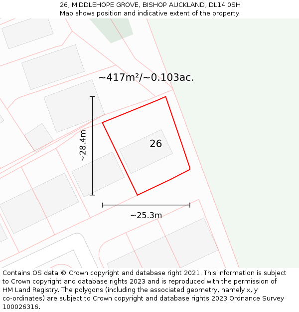 26, MIDDLEHOPE GROVE, BISHOP AUCKLAND, DL14 0SH: Plot and title map