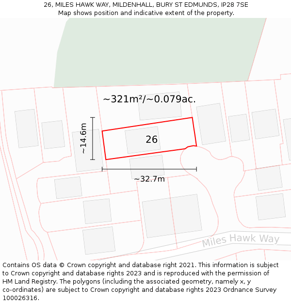 26, MILES HAWK WAY, MILDENHALL, BURY ST EDMUNDS, IP28 7SE: Plot and title map