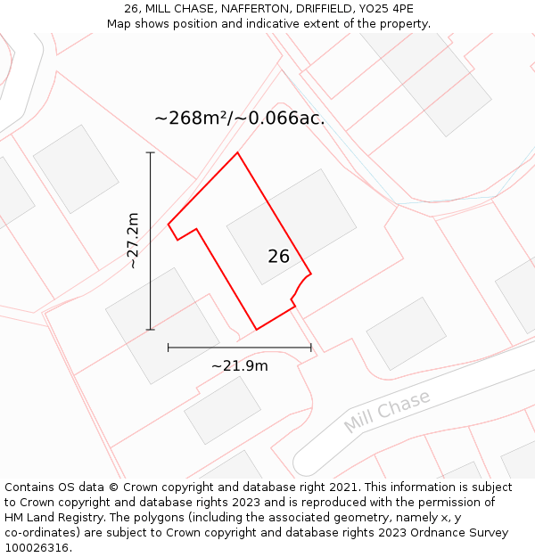 26, MILL CHASE, NAFFERTON, DRIFFIELD, YO25 4PE: Plot and title map
