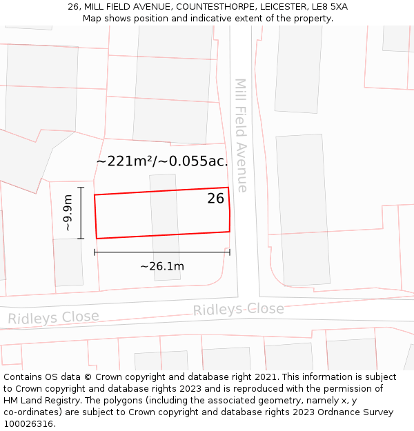 26, MILL FIELD AVENUE, COUNTESTHORPE, LEICESTER, LE8 5XA: Plot and title map