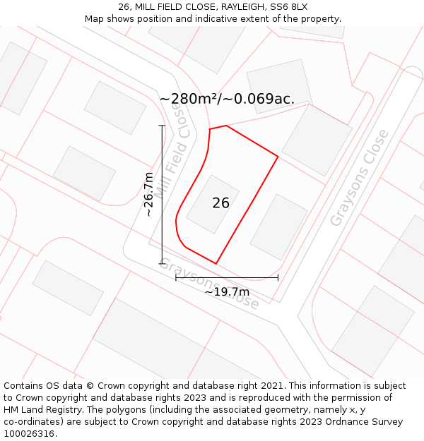 26, MILL FIELD CLOSE, RAYLEIGH, SS6 8LX: Plot and title map