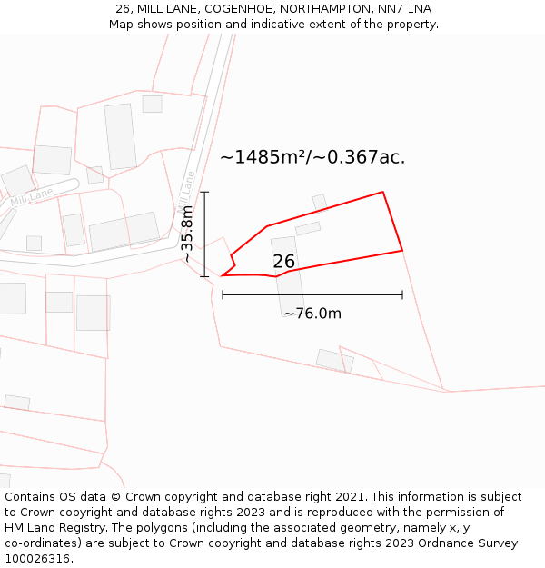 26, MILL LANE, COGENHOE, NORTHAMPTON, NN7 1NA: Plot and title map