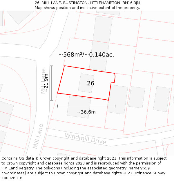 26, MILL LANE, RUSTINGTON, LITTLEHAMPTON, BN16 3JN: Plot and title map
