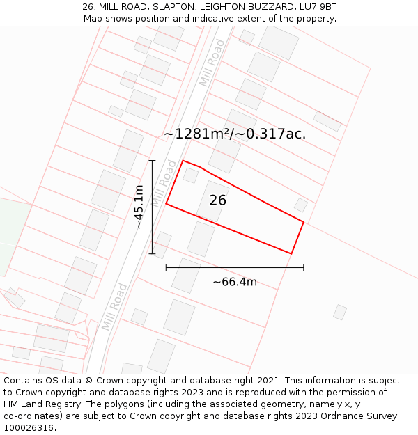 26, MILL ROAD, SLAPTON, LEIGHTON BUZZARD, LU7 9BT: Plot and title map
