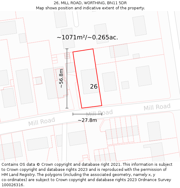 26, MILL ROAD, WORTHING, BN11 5DR: Plot and title map