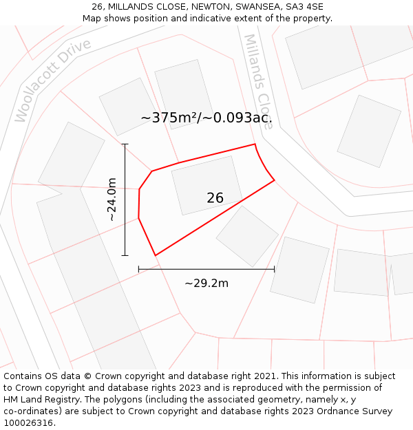 26, MILLANDS CLOSE, NEWTON, SWANSEA, SA3 4SE: Plot and title map