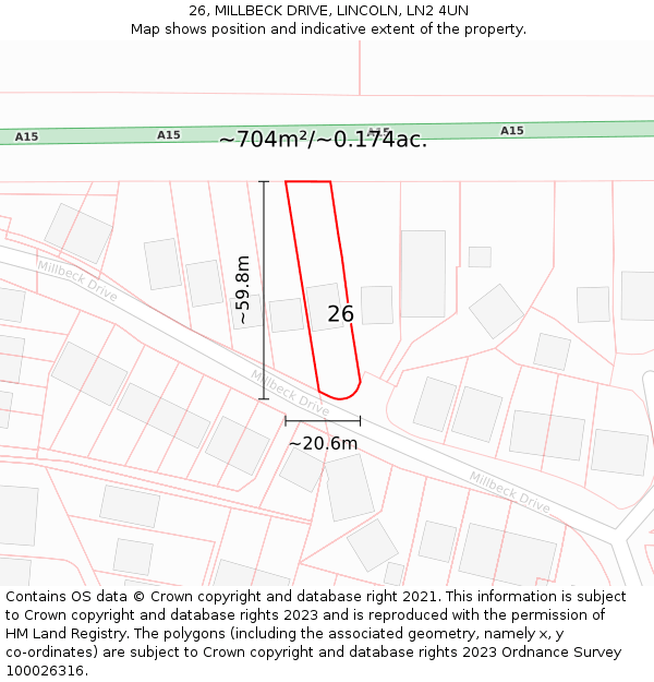 26, MILLBECK DRIVE, LINCOLN, LN2 4UN: Plot and title map