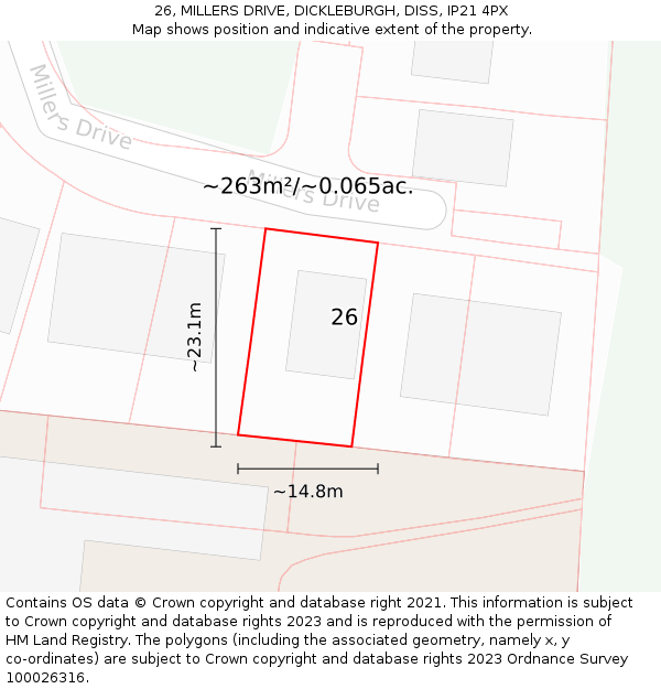 26, MILLERS DRIVE, DICKLEBURGH, DISS, IP21 4PX: Plot and title map