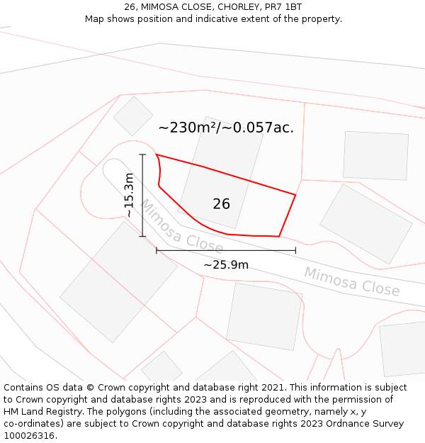 26, MIMOSA CLOSE, CHORLEY, PR7 1BT: Plot and title map