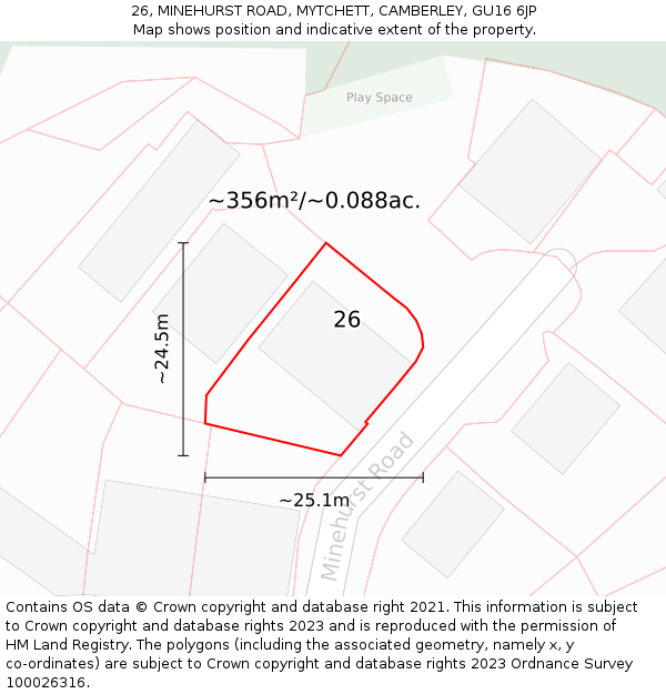 26, MINEHURST ROAD, MYTCHETT, CAMBERLEY, GU16 6JP: Plot and title map