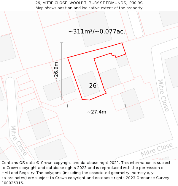 26, MITRE CLOSE, WOOLPIT, BURY ST EDMUNDS, IP30 9SJ: Plot and title map
