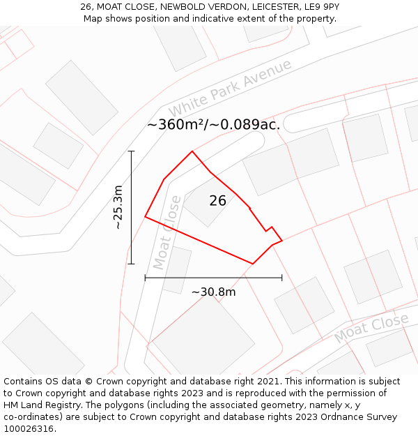 26, MOAT CLOSE, NEWBOLD VERDON, LEICESTER, LE9 9PY: Plot and title map