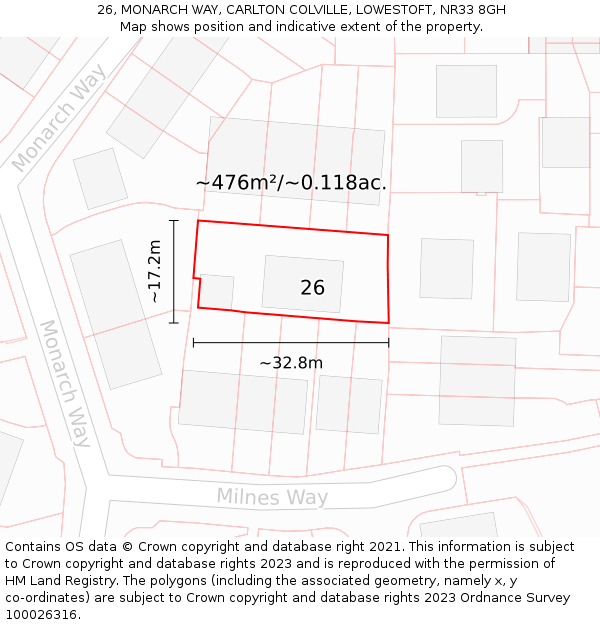 26, MONARCH WAY, CARLTON COLVILLE, LOWESTOFT, NR33 8GH: Plot and title map