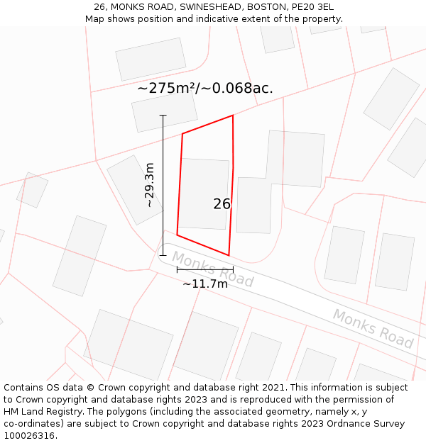 26, MONKS ROAD, SWINESHEAD, BOSTON, PE20 3EL: Plot and title map