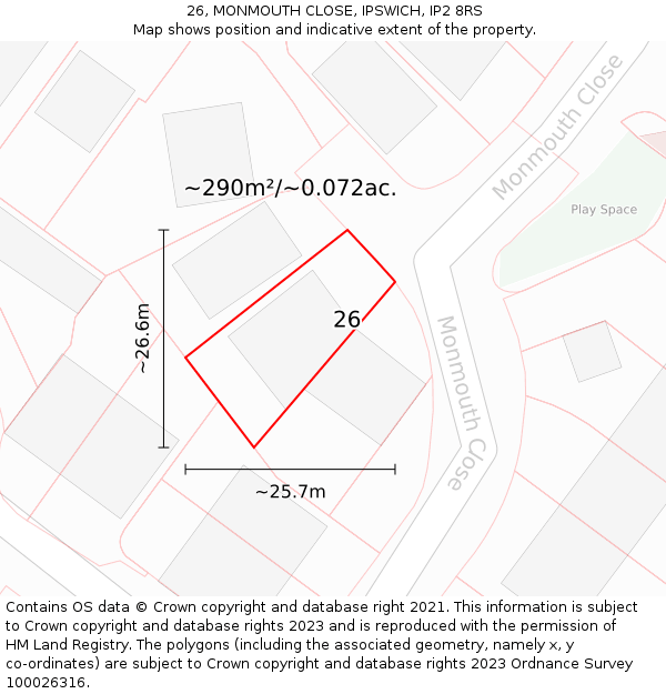 26, MONMOUTH CLOSE, IPSWICH, IP2 8RS: Plot and title map