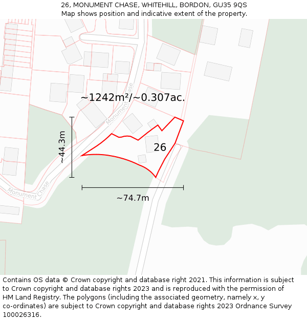 26, MONUMENT CHASE, WHITEHILL, BORDON, GU35 9QS: Plot and title map