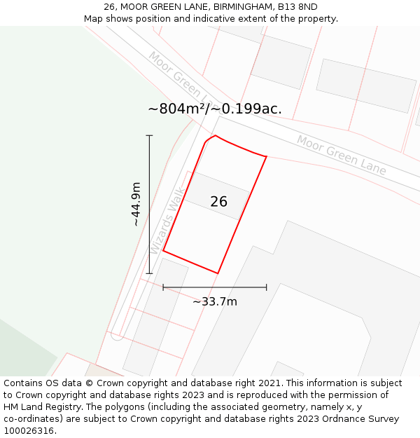 26, MOOR GREEN LANE, BIRMINGHAM, B13 8ND: Plot and title map