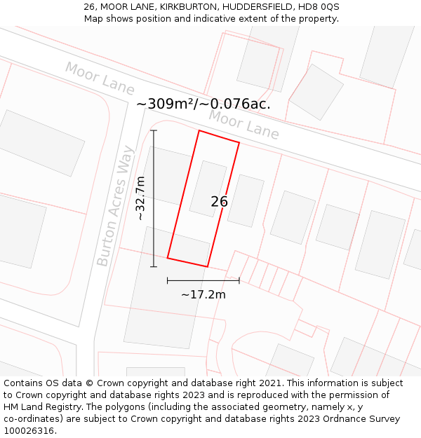 26, MOOR LANE, KIRKBURTON, HUDDERSFIELD, HD8 0QS: Plot and title map