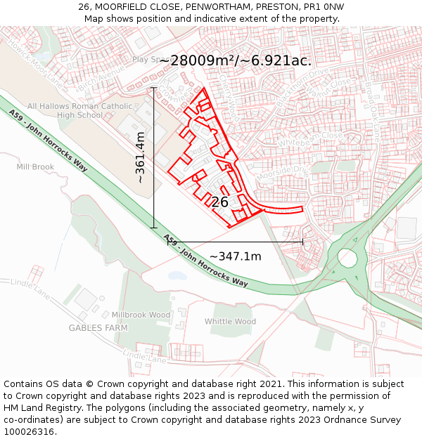 26, MOORFIELD CLOSE, PENWORTHAM, PRESTON, PR1 0NW: Plot and title map