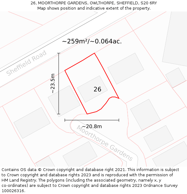 26, MOORTHORPE GARDENS, OWLTHORPE, SHEFFIELD, S20 6RY: Plot and title map