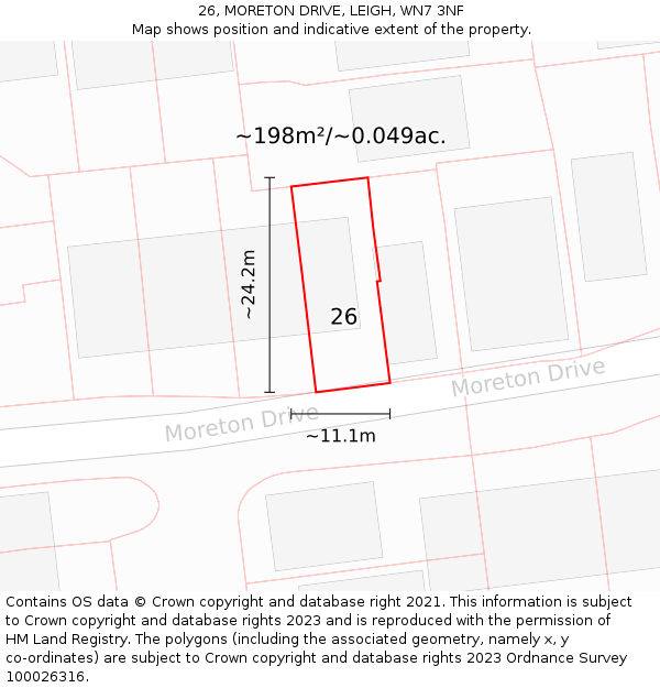 26, MORETON DRIVE, LEIGH, WN7 3NF: Plot and title map