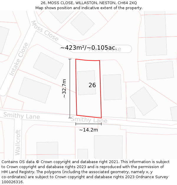 26, MOSS CLOSE, WILLASTON, NESTON, CH64 2XQ: Plot and title map