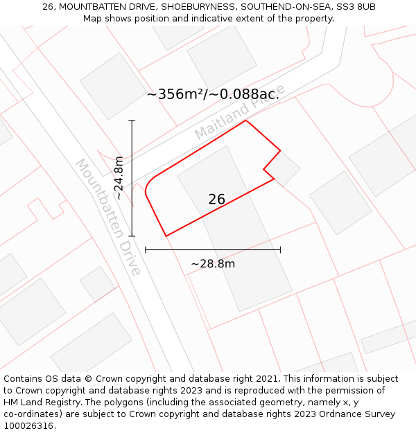 26, MOUNTBATTEN DRIVE, SHOEBURYNESS, SOUTHEND-ON-SEA, SS3 8UB: Plot and title map