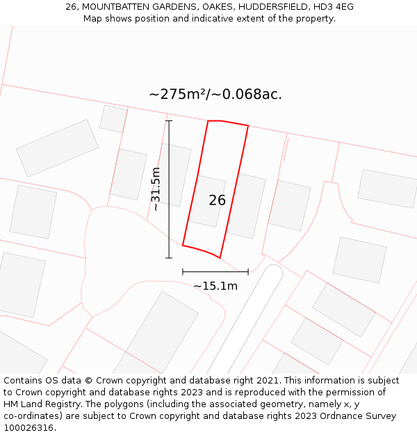 26, MOUNTBATTEN GARDENS, OAKES, HUDDERSFIELD, HD3 4EG: Plot and title map