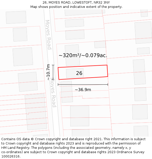 26, MOYES ROAD, LOWESTOFT, NR32 3NY: Plot and title map