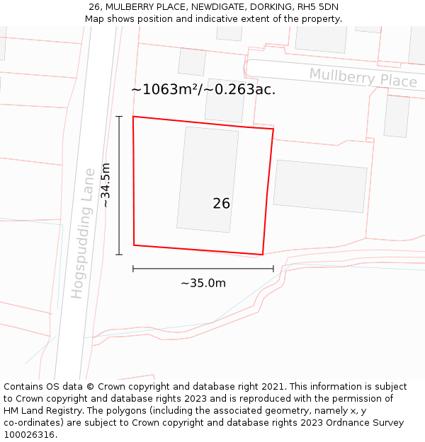 26, MULBERRY PLACE, NEWDIGATE, DORKING, RH5 5DN: Plot and title map