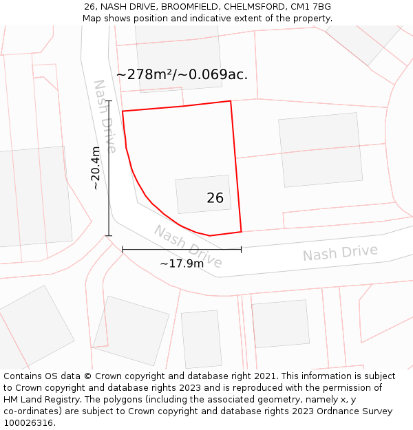 26, NASH DRIVE, BROOMFIELD, CHELMSFORD, CM1 7BG: Plot and title map